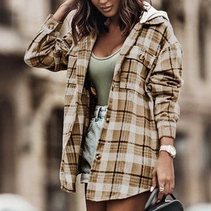 Khaki Khaki Plaid Shirt Hooded Jacket